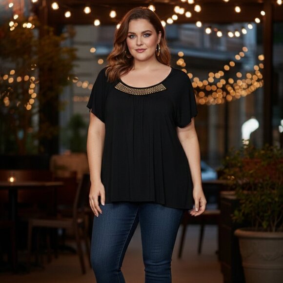 Michael Kors Tops - ⭐ Michael Kors Large Black Gold Embellished Neck Dolman Tunic Top Shirt ⭐